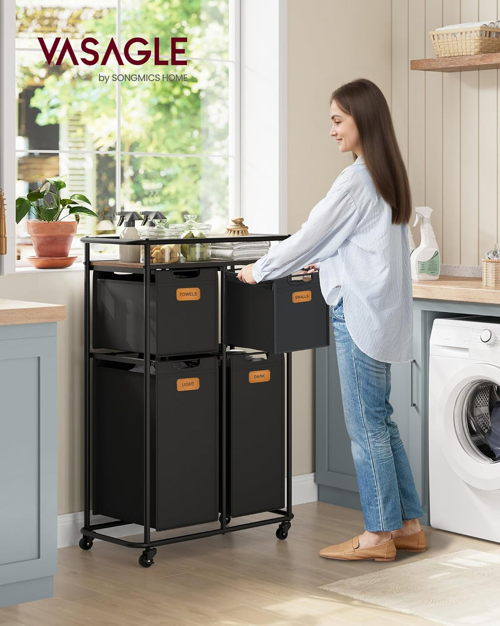 VASAGLE Laundry Sorter, Laundry Hamper with Wheels, 39.6 Gal. (150 L) Portable Rolling Cart Baskets with Shelf, 4 Removable Liners and 6 Labels, Ink Black and Chestnut Brown URLS100B01