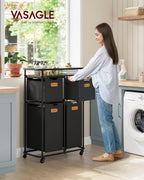 VASAGLE Laundry Sorter, Laundry Hamper with Wheels, 39.6 Gal. (150 L) Portable Rolling Cart Baskets with Shelf, 4 Removable Liners and 6 Labels, Ink Black and Chestnut Brown URLS100B01