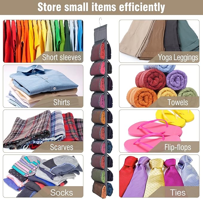 2 Pack Legging Storage Organizer- Hanging Closet Organizer System Clothes Closets Holder with 20 Roll Independent Compartments for Yoga Leggings T-Shirts Bras Socks Pants Tank Top Towel(Grey)