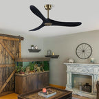 52" 3 Blade Ceiling Fan Without Light, Farmhouse Rustic Wooden Flush Mount Ceiling Fan no Light with Remote for Indoor/Outdoor - High End Silent Operation, Black & Gold, 52 Inch