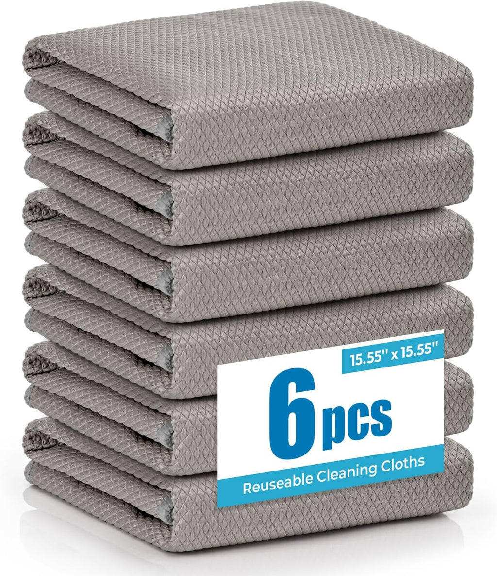 Nanoscale Microfiber Cloths 15.55”x 15.55”, Glass Window Mirror Stainless Steel Car Cleaning, Streak-Free, Lint-Free, Super Thick & Absorbent, Reusable, 6 Pack (Gray)