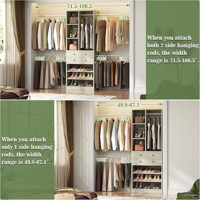 Closet System, 4.2–8.8 FT Closet Organizer with 2 Wooden Drawers and Shelves, Walk-in Closet System with 5 Hang Rods, Built-in Reach in Closet Tower, Can Fit 60 to 96 inch, Greige Oak