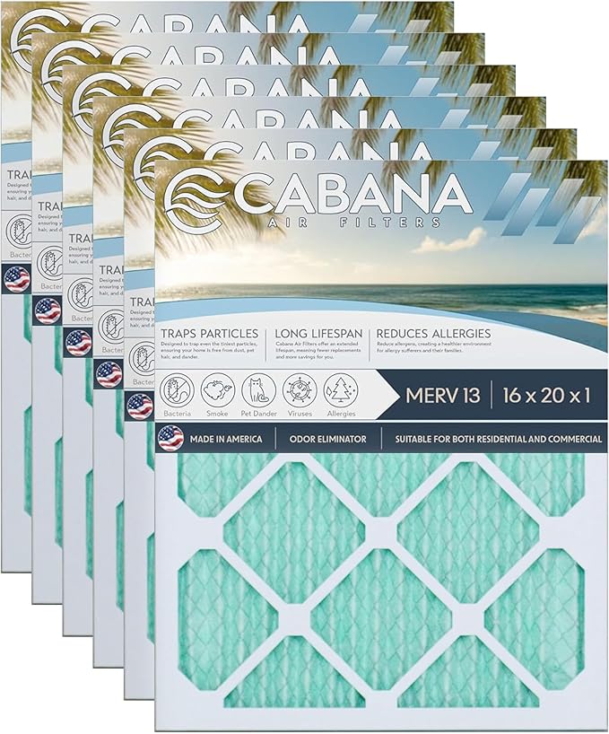 Cabana Filters 6-Pack 16x20x1 MERV 13 AC Furnace Air Filter for Home and Office - Indoor HVAC System Filtration Replacement, Captures Unwanted Particles