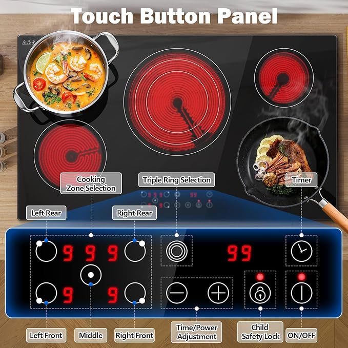 SNDOAS 36 inch Electric Cooktop,5 Burners 9000W Built-in Glass Ceramic Electric Stove Top w/Touch Control,9 Power Levels,Child Lock,Triple-Ring Zone,240V Hardwired for Kitchen Countertop 36"