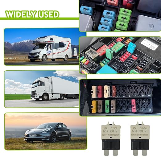 25A DC 12V-32V Manual Reset Circuit Breaker ATC/ATO Low Profile T3 Mini Blade Fuses Breakers for Car Trucks Marine Boat RV Solar and More,2 Pack