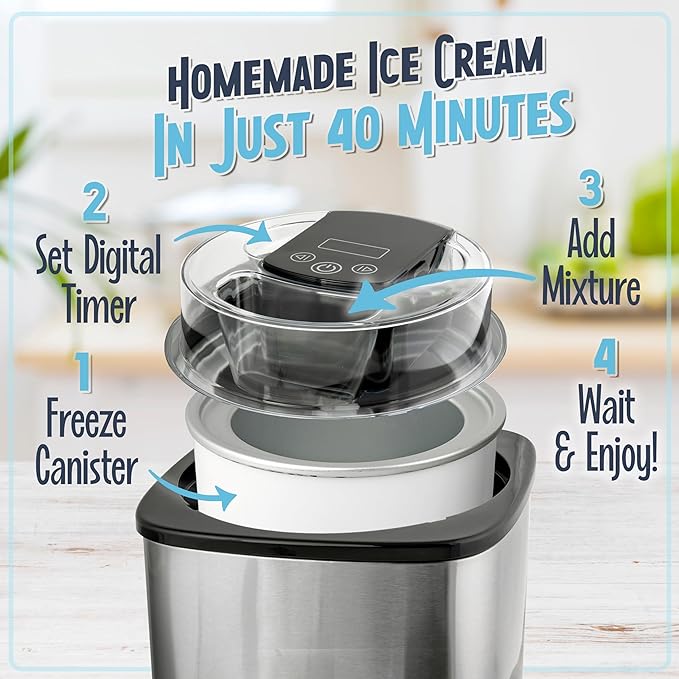 Nostalgia 2-Quart Electric Ice Cream Maker – Make Homemade Ice Cream, Gelato, Sorbet & Frozen Yogurt – No Salt/Ice Needed, Digital Controls, Mix-In Chute & Freezing Gel Canister – Stainless Steel