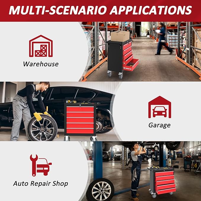 5 Drawers Rolling Tool Chest with Wheels, Portable Rolling Tool Boxes with Wheels, Tool Box Storage Cabinet with Locking System for Garage (BlackRed, 5 Drawers)