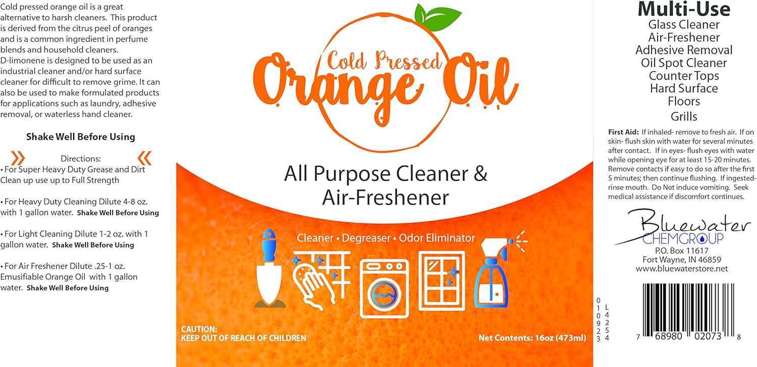 Premium Cold Pressed Orange Oil Concentrate- 16 oz (with D-Limonene), Concentrated Cold Pressed Orange Oil Cleaner - All-Purpose Citrus Cleaner and Degreaser Blend