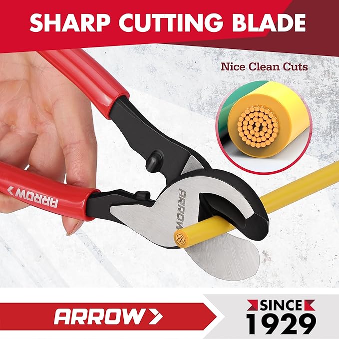 ARROW 9.5” Cable Cutter High Leverage, Wire Cutters Heavy Duty with Thick Dip-Grip Handle, CR-V Steel, Cutter Tool for 4/0 Aluminum, 2/0 Soft Wire, and 100PR 24AWG Communications Cable