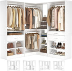 Unikito 86” Corner Closet System, Modular Closets Organizer with 4 Hanging Rods and Storage Shelves, Freestanding Adjustable Wood Clothes Garment Rack with Drawers, Sturdy Walk in Closet Tower, White