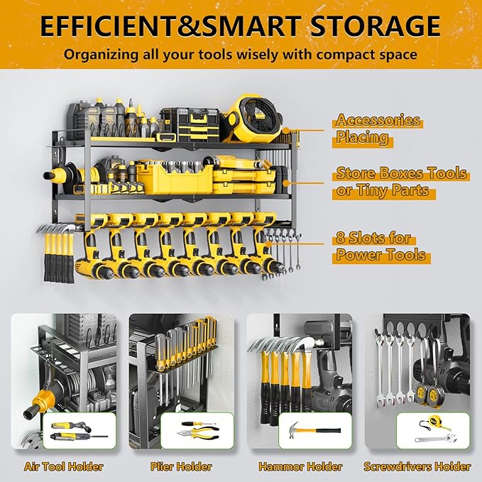 Power Tool Organizer - 3 Layer 8 Drill Holder Wall Mount, Storage Rack for Garage Organization, Large Tool Shelf, Gifts for Him Men Dad Husband Anniversary Fathers Day, Cool Gadget Stocking Stuffer