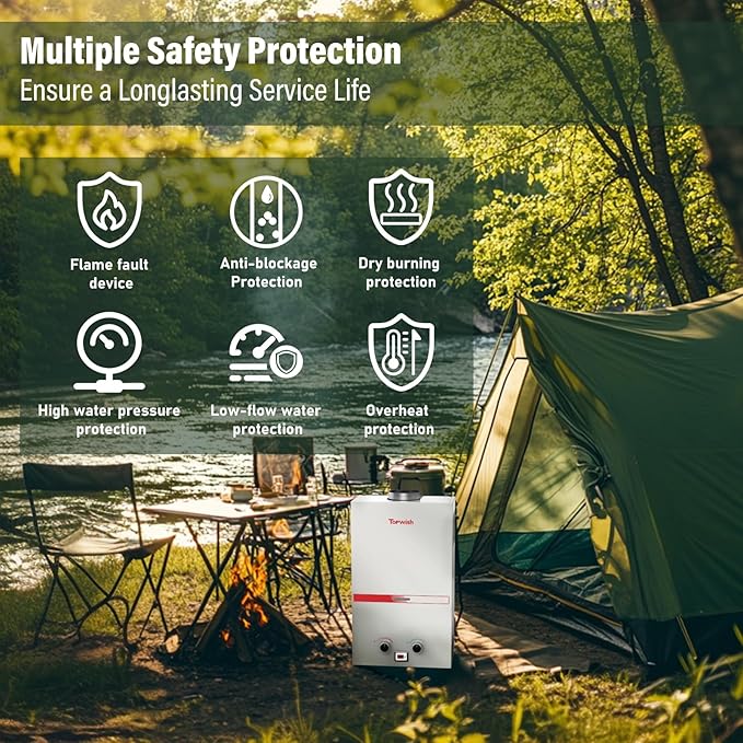 Tankless Water Heater 10L, Portable Propane Camping Water Heater 2.6GPM with Handle Overheating Multi-Protection, Instant Gas Hot Water Warmer for Outdoors RV Trips Shower Boat Cabins,White