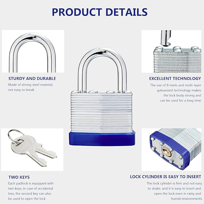 Lock Outdoor Padlocks, Laminated keyed Padlock, 1-9/16 in Wide Body, Padlock Set with Keys (60Pack)