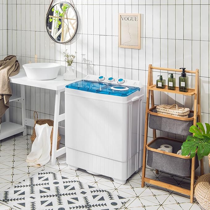 LDAILY Portable Washing Machine, 26 lbs Capacity Twin Tub Washer and Spin Dryer, Semi-automatic Laundry Washer with Built-in Drain Pump, Portable Washer and Dryer for Apartment, Dorm & RV