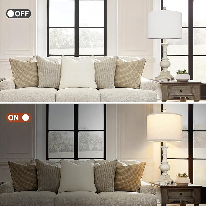 26" Farmhouse Table Lamps Set of 2, Rustic Touch Control Bedside Lamps with 2 USB Ports & AC Outlet, Vintage White Resin 3-Way Dimmable Nightstand Lamp Linen Fabric Shade for Living Room Bedroom Decor