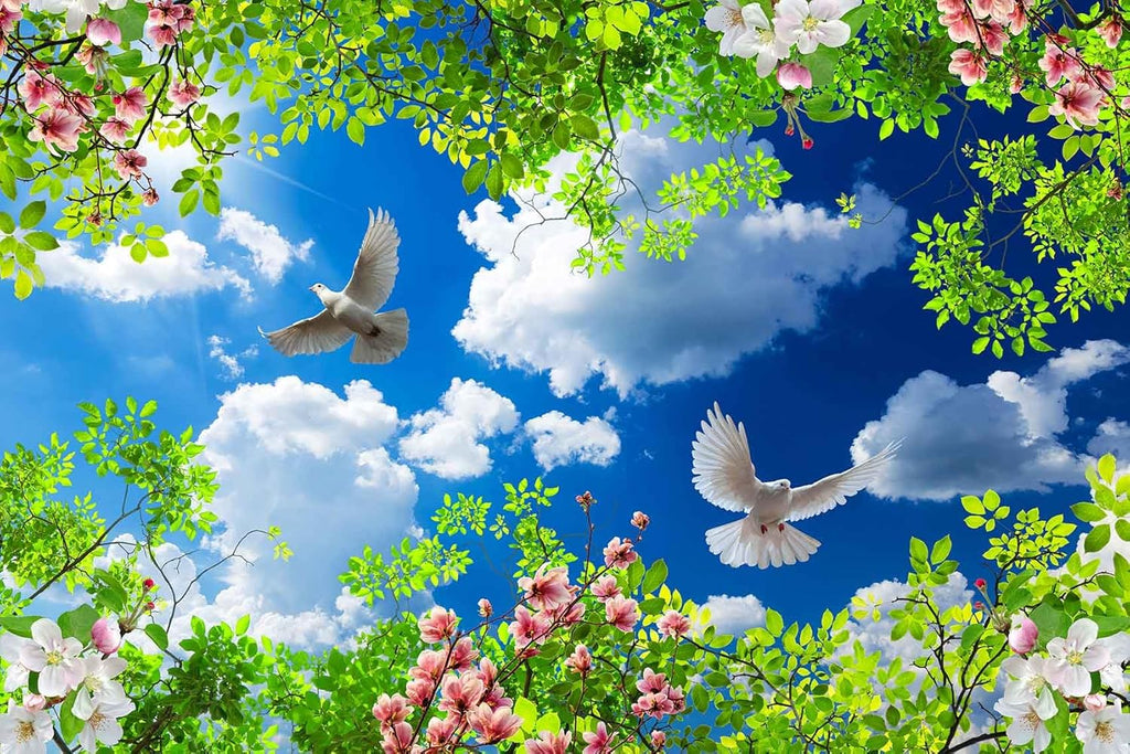 Green Plants Wrapped in Pigeons Flying Freely Under The Blue Sky and White Clouds Wallpaper for Large Background Wall murals(Non-self-Adhesive)