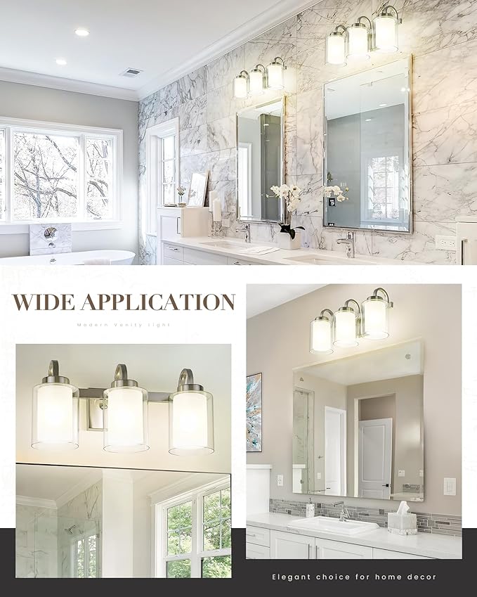 TENGXIN 3-Light Bathroom Vanity Light, Brushed Nickel Vanity Light Over Mirror, Farmhouse Wall Sconces with Dual Glass Shade, Modern Wall Lamp for Bathroom Hallway Living Room