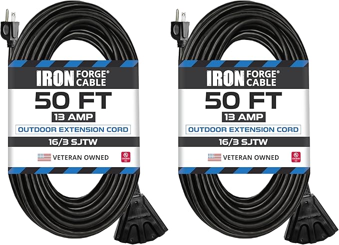 Iron Forge Cable 2 Pack 50 Ft Black Extension Cord with 3 Outlets - 16/3 SJTW 50 Foot Extension Cord 3 Prong, Weatherproof Power Cable for Outdoor