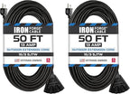 Iron Forge Cable 2 Pack 50 Ft Black Extension Cord with 3 Outlets - 16/3 SJTW 50 Foot Extension Cord 3 Prong, Weatherproof Power Cable for Outdoor