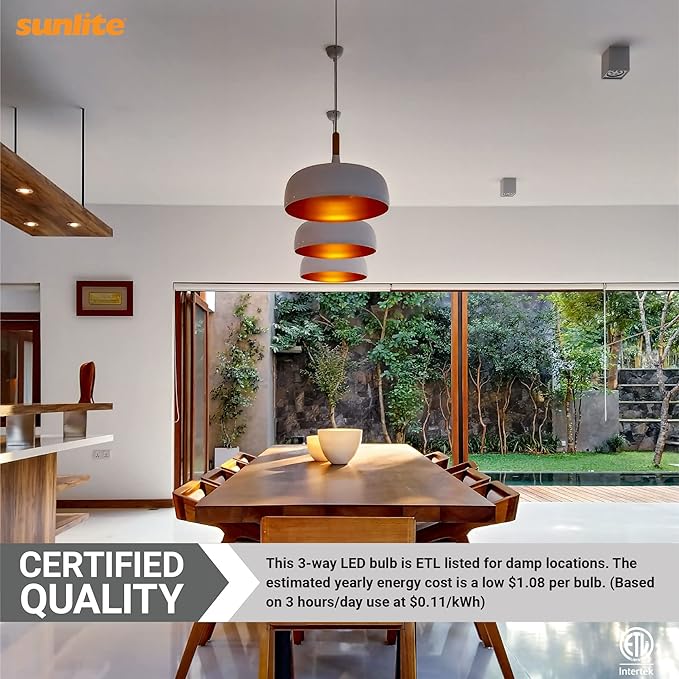 Sunlite 40419 3-Way LED A19 Light Bulb, 5/9/15 Watts (40W 60W 100W Equivalent), 500-1000-1600 Lumens, Medium E26 Base, Omni-Directional, ETL Listed, Frost, 3000K Warm White, 6 Count