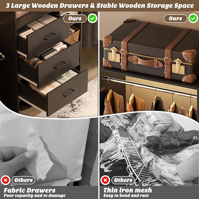 Aheaplus Closet System, Closet Organizer with 3 Wooden Drawers, 8FT Closet Organizer System, 96’’ Walk-in Closet Wardrobe Clothes Rack with Hanging Rods, Adjustable Garment Rack, Fits 5.3-9 ft, Black