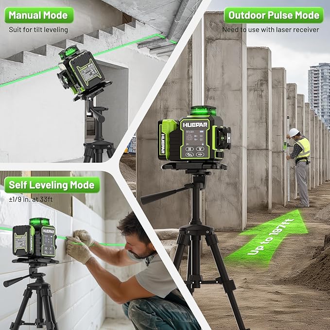 Huepar 2024 New Construction Laser Level 3x360 Self Leveling, 3D 12 Lines Bluetoothed Laser Level with Electric Rotating Base ＆ Large LCD Screen, 3 Planes Green Cross Lazer Leveler Tool W03CG