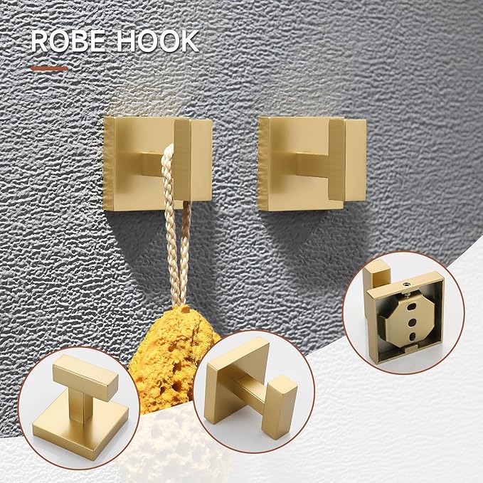 TQKAG Brushed Gold Bathroom Hardware Accessories Set 10 Pieces, 23.6" SUS304 Stainless Steel Towel Bar Set Wall Mounted Includes Single Towel Bar, Towel Ring, Toilet Paper Holder, Double Towel Hooks