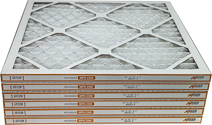 Tiger Tough 16x16x1 MERV 8 MPR 600-800 Air Filter, High-Performance AC Furnace & HVAC Filter, 6-Pack