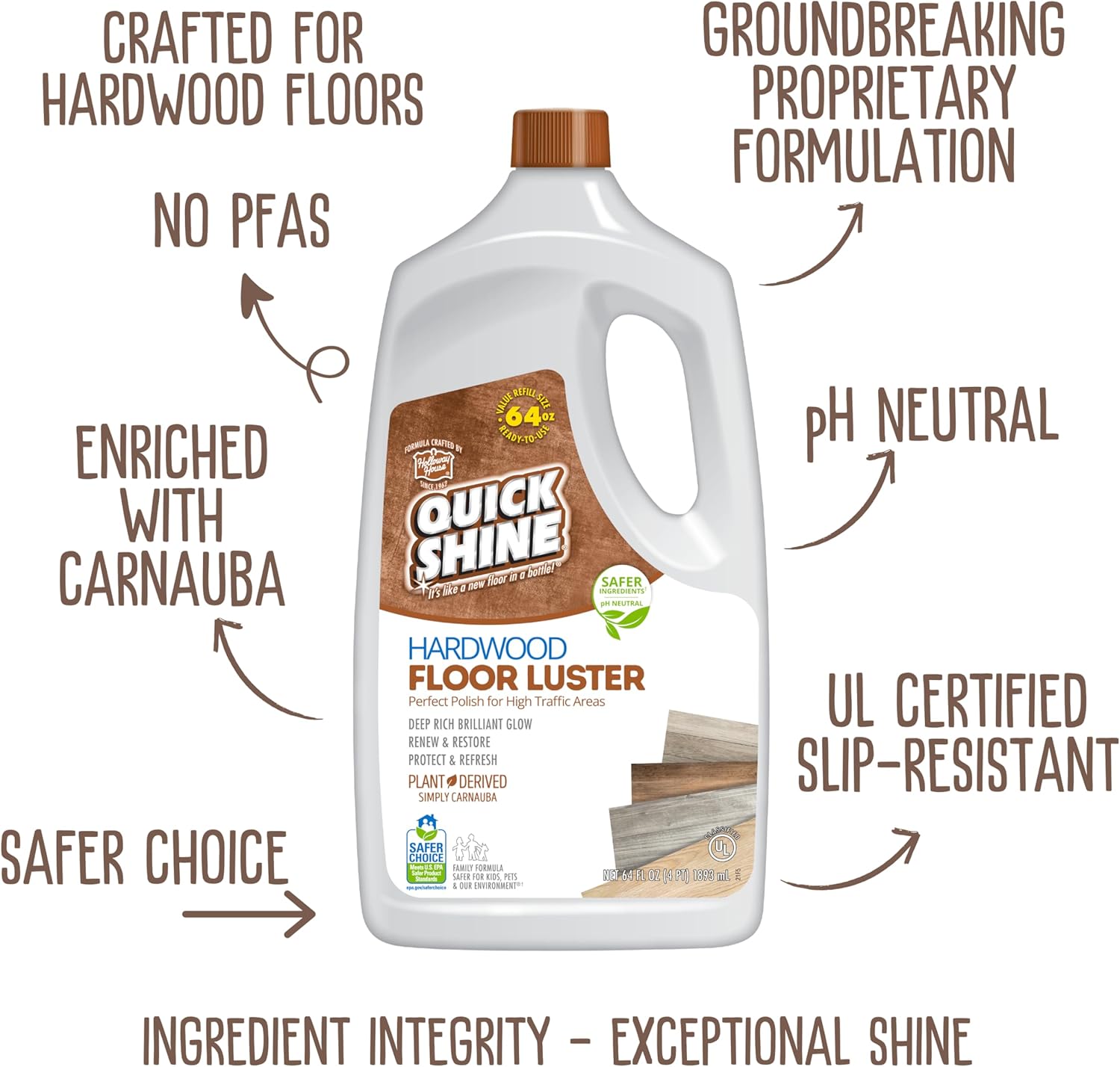 Quick Shine Hardwood Floor Luster-Polish 64oz | Plant-Derived w/Carnauba | Safer Choice, No PFAS, pH Neutral | Ready to Use Formula w/Anti-Slip Technology | Simply Squirt & Spread | Made in USA