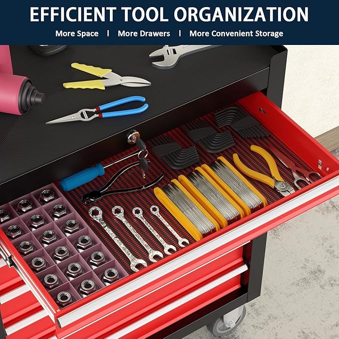 7-Drawer Metal Rolling Tool Chest with Wheels,Tool Storage Cabinet with Locking System，Toolbox with Wheels for Garage, Warehouse, Workshop, Repair Shop (Black&red, 7-Drawer)