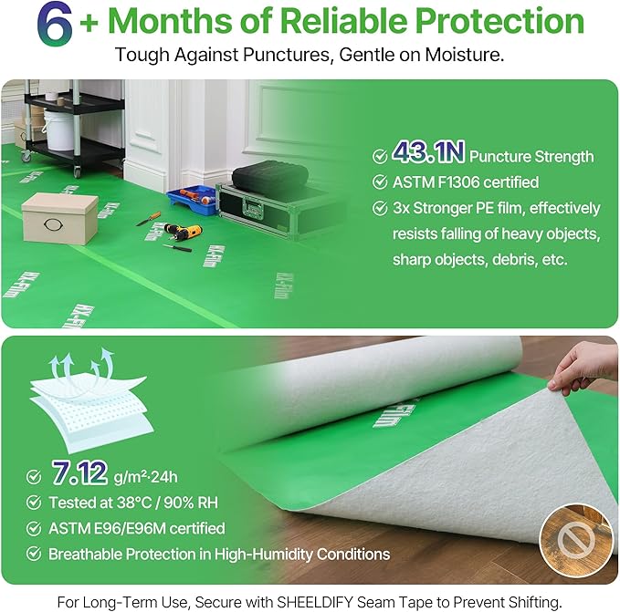 39" x 50' Heavy-Duty Floor Protection | Construction Grade Carpet Protector | Drop Cloth Plastic Film for Hardwood Floors | Waterproof Painters Covering with No Residue (Green)