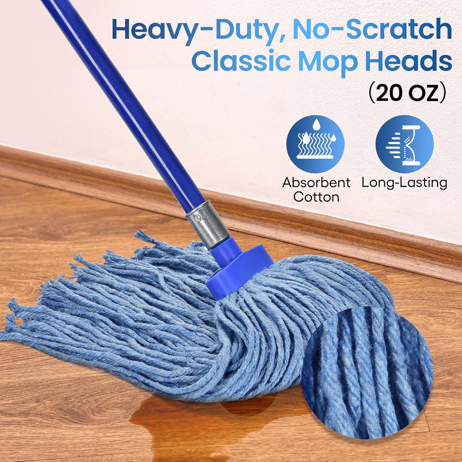 Matthew Cleaning Screw-on Heavy Duty Cotton Wet Mop Replacement Heads(Blue, Medium,12 Pack) with 2 Pack Microfiber Cloth for Residential & Commercial Floor Cleaning Use- Fit Standard American Screw