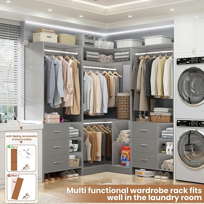Aheaplus Closet System with 6 Drawers, 4 Hanging Rods & Corner Tower, Corner Closet System with Hanging,92.6" L-Shaped Walk-In Wardrobe Organizer, 2000+ lbs Capacity, Set of 3, Grey