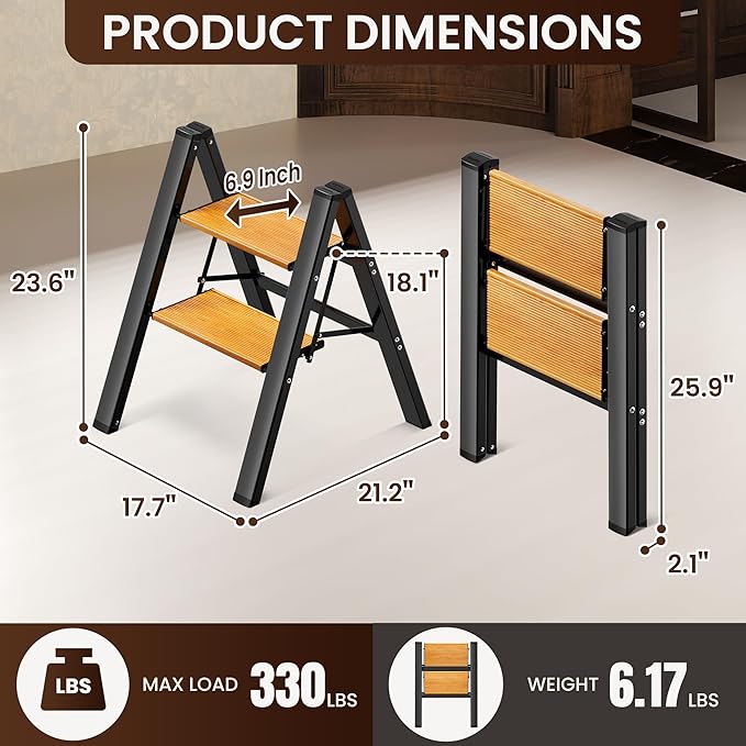 GameGem 2 Step Ladder, Aluminum Folding Step Stool with Anti-Slip Sturdy and Wide Pedal, Lightweight Portable Stepladder for Home and Kitchen Use Space Saving, 330 lbs, Black Woodgrain