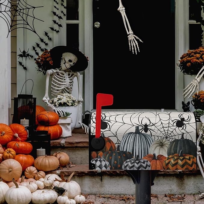 Halloween Magnetic Mailbox Covers Overszied Fall Pumpkin Spiders Mailbox Cover Large Size Spooky Halloween Mail Box Post Cover 25.5 X 21 Inch Seasonal Decor for Outdoor Garden Yard