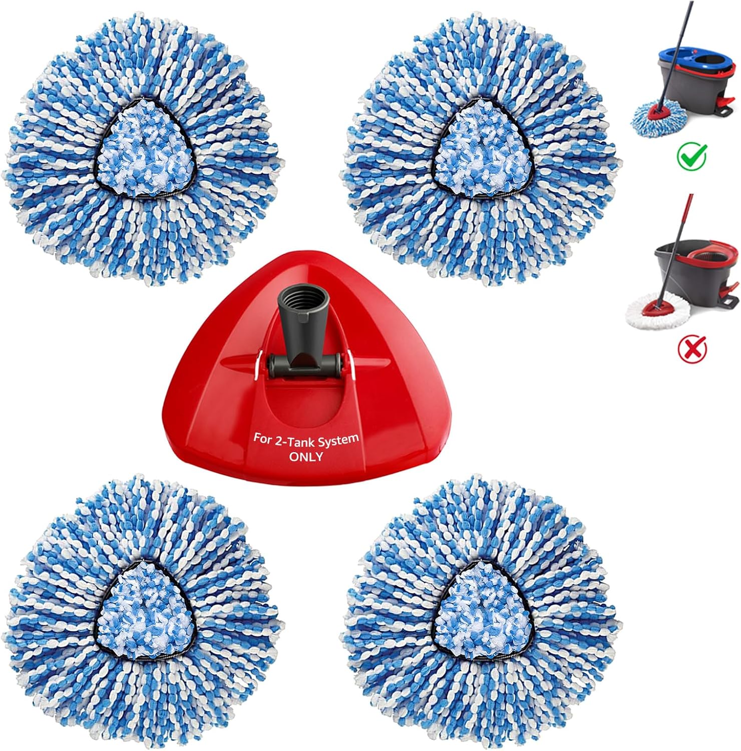 BonusLife 4 Pack Mop Refills and 1 Head Base Part for O-Ceda RinseClean Spin 2-Tank System - Easy Cleaning Microfiber Replacement