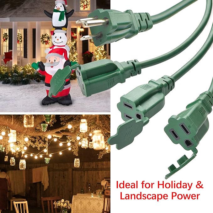 Clear Power 25ft 16/3 SJTW Green Landscape Extension Cord w/3 Inline outlets & Outlet Covers, for Christmas Lights and Holiday Decorations, CP10225