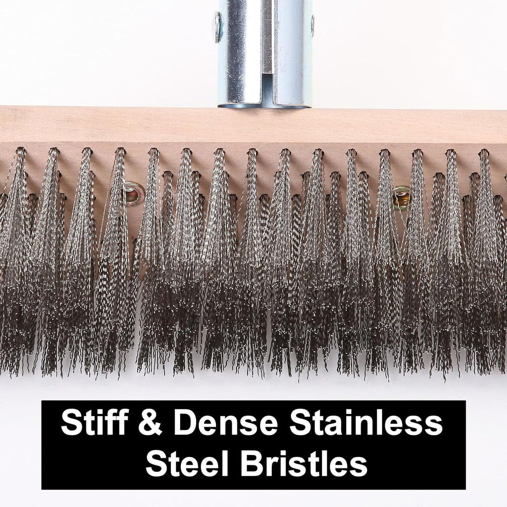 Stainless Steel Wire Scrub Brush with 63" Long Handle, 2PCS 8" Brush Heads, Heavy Duty Large Wire Brush, Stiff Metal Bristle Floor Scrubber, Patio Floor Cleaning, Wire Broom for Concrete, Deck, Moss