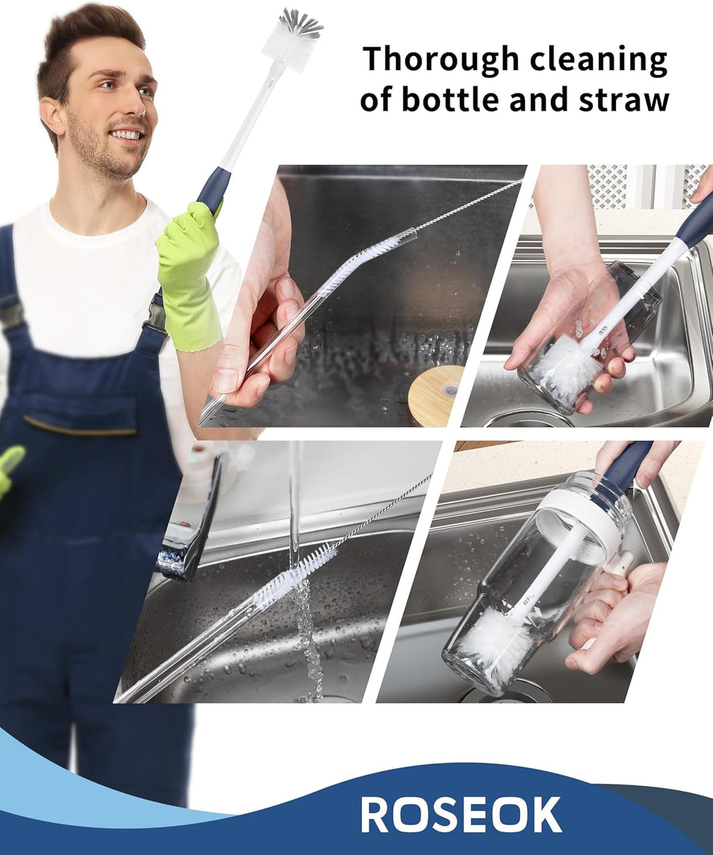 2 in 1 Long Handle Bottle Brush with Straw Brush for Cleaning Glass, Sports Bottle, Coffee Mug,Navy Blue,1 Pack