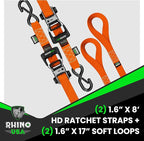 Rhino USA Ratchet Straps Heavy Duty Kit (2-Pack) - 1.6 Inch x 8 Feet (5,208lb Break Strength) - Ultimate Tie Down Straps with Safety S Hooks for Trucks, ATV, UTV, Motorcycle, Cargo & More - Orange
