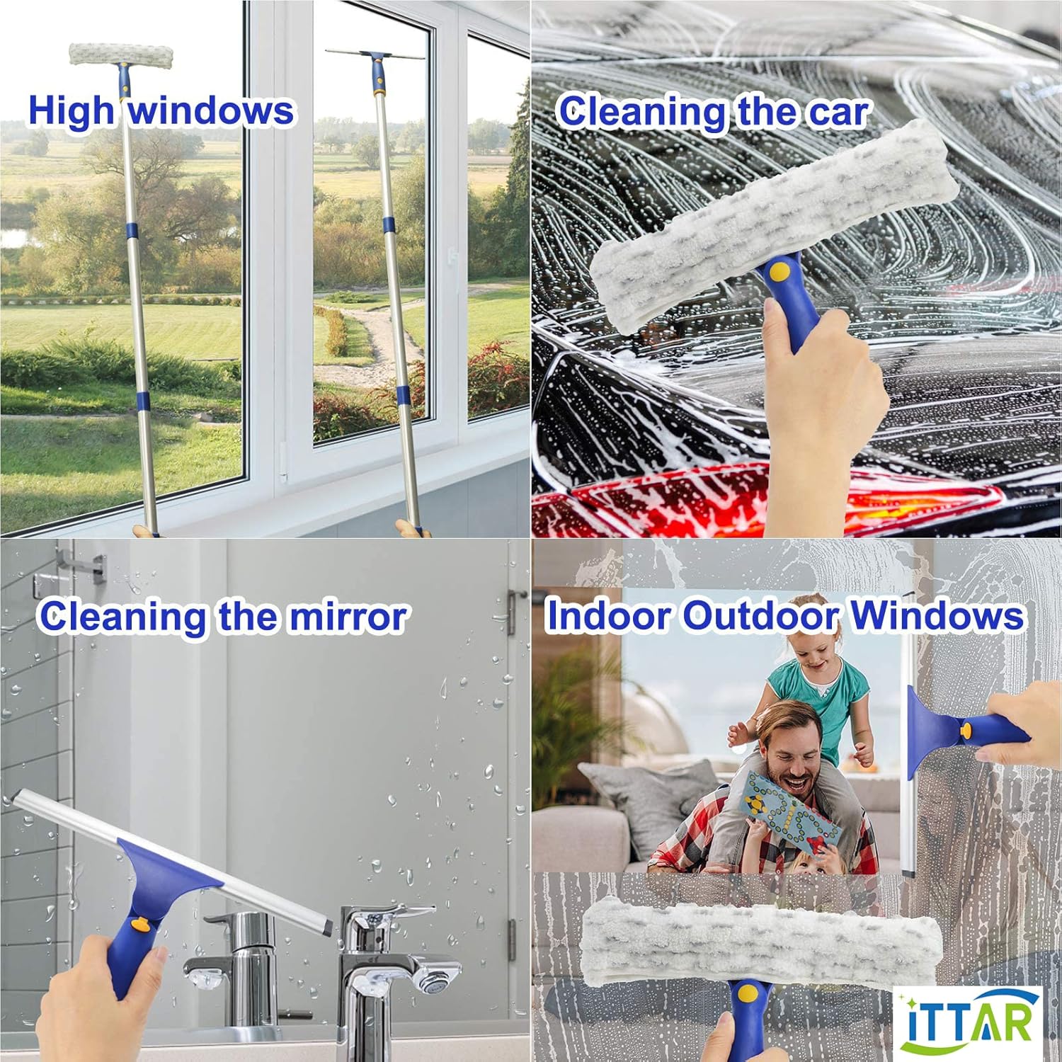 ‌ITTAR Window Squeegee Cleaner Kit, 5Ft Extendable Stainless Steel Pole with Rotatable Rubber Squeegee & 2 Microfiber Scrubber Pads, Professional Window Cleaning Tool for Home, Shower, Car, Windshield