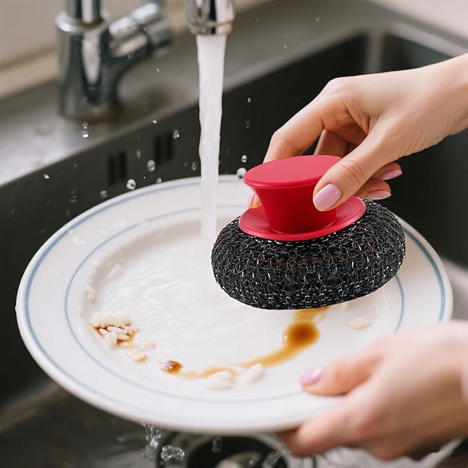2Pack Stainless Steel Wool Scrubber with Rubber Handle & 2 Pads for Cleaning Dishes, Kitchen Pots, Pans, Grills (Red+Black)