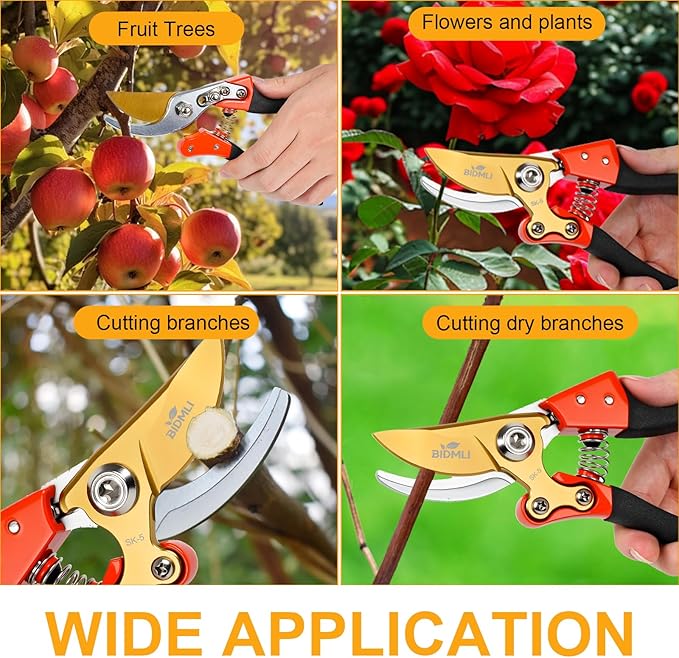 Heavy Duty Pruning Shears，Garden Scissors & Clippers with Red-BIDMLI 8.66" SK5 Steel Blades & Aluminum Alloy Handles, Tree Branch Cutter, Ideal for Thick Branches, Dry Twigs, Flower Pruning Tool.