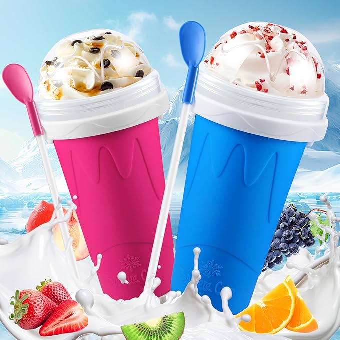 Tgosomt 2Pack Slushie Maker Cup, Quick Magic Squeeze Slushy Cup, DIY Frozen Smoothies Cups, Juice Milk shake Yogurt Ice Cream Maker, Double Layers Cooling Cups, Cool Fun Gifts (Blue&Pink)