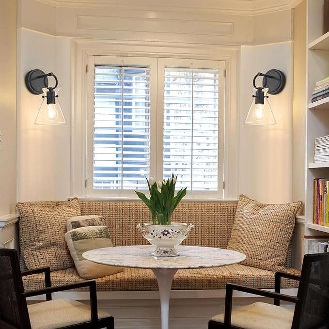 Wall Sconce for Bathroom Modern Vanity Light Fixtures Hardwired Wall Mount Lighting Lamp Farmhouse Wall Lights with 6" Clear Glass Shade for Bedroom Living Room Mirror Kitchen (Black, 1 Pack)