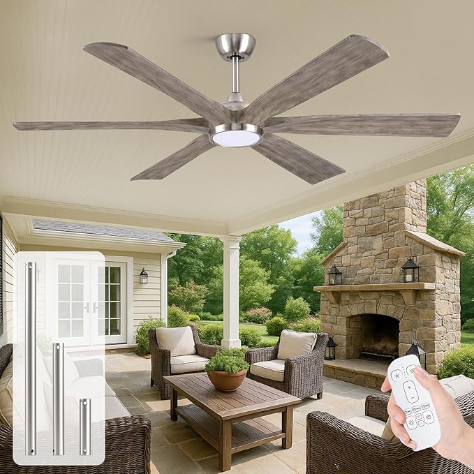 60" Indoor Outdoor Ceiling Fan with Light Remote - 6 Solid Wood Blades, High CFM Quiet Reversible Energy Efficient DC Motor, 6/12/24" Down-rod, Damp-rated for Patios Porch Gazebo Garage, Modern Gray