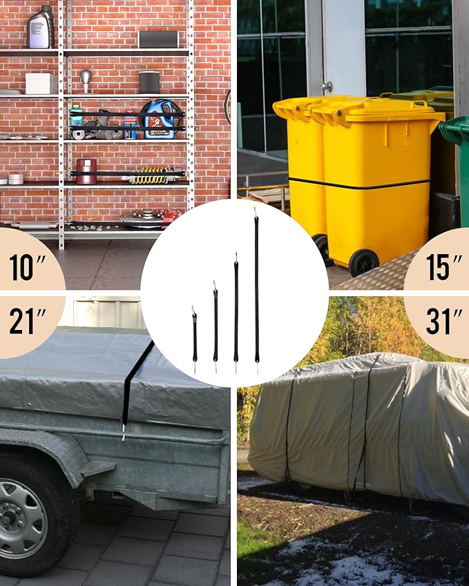 Rubber Bungee Cords with Hooks, Heavy Duty Bungee Straps, Assorted Sizes with 1.8X Max Stretch & Over 176 lbs Load, Black, 100% EPDM Rubber & S Hooks for Cargo, Tarps, 10", 15", 21", 31" (10 Pack)