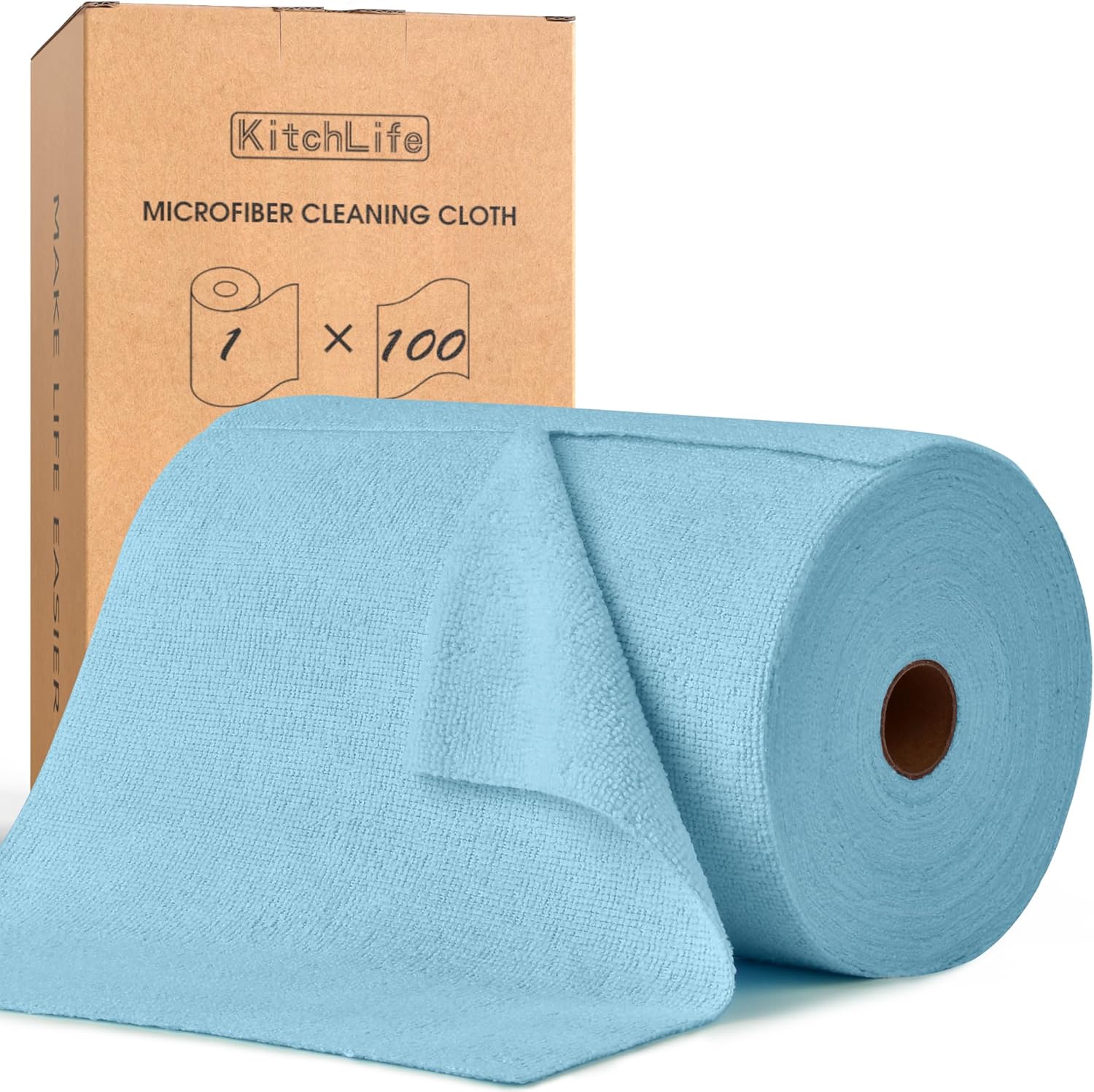 KitchLife Microfiber Cleaning Cloth Roll, 100 Pack - Tear-Away Microfiber Paper Towels, Lint-Free, Reusable, Washable for Kitchen, Car, Dishes, and Sensitive Surfaces (Blue)