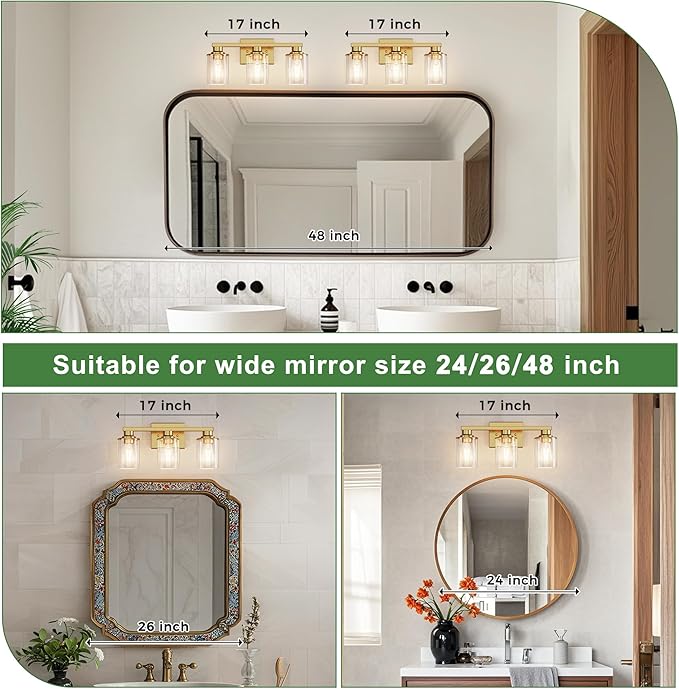 DORESshop 17 Inch Bathroom Light Fixtures, 3-Light Copper Bathroom Lighting Fixtures Over Mirror with Clear Glass Shade, Vanity Lights for Living Room Bedroom
