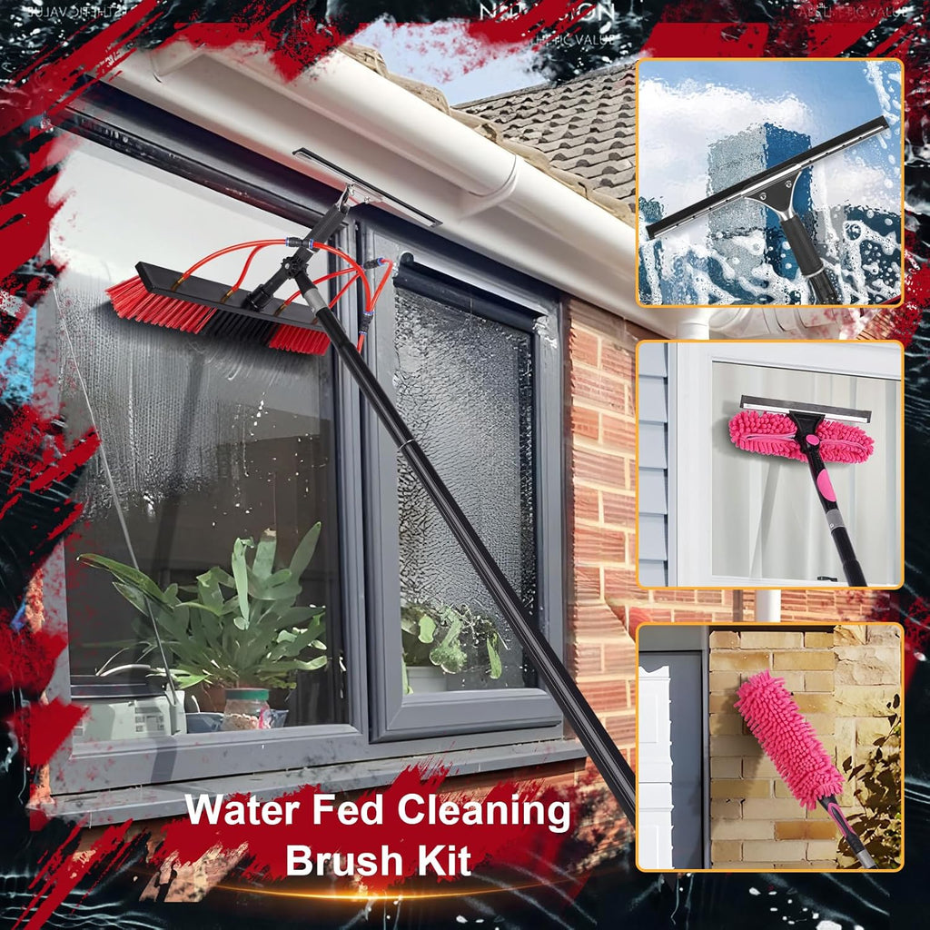35ft Long Reach Solar Panel Cleaning Brush & Squeegee Kit, Aluminum Extendable Water Fed Pole Kit, 22in Wide Brush,Squeegee, Bendable Dusting Brush, Outdoor Window Washing Equipment Tool Kit